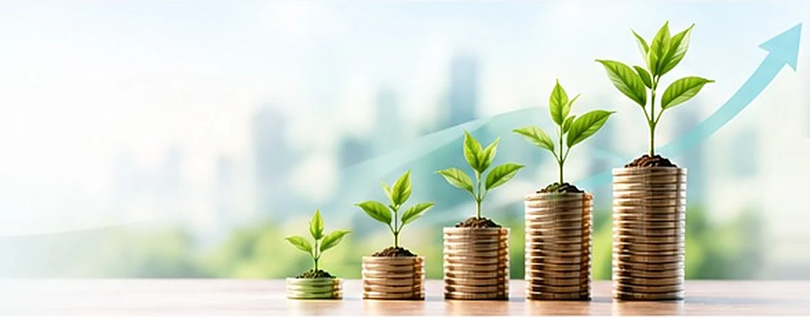 Plants growing from rising stacks of coins, showing wealth growing over time